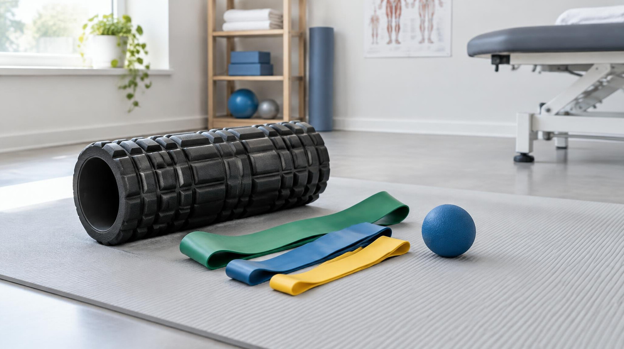 Foam roller and resistance bands on a physiotherapy mat
