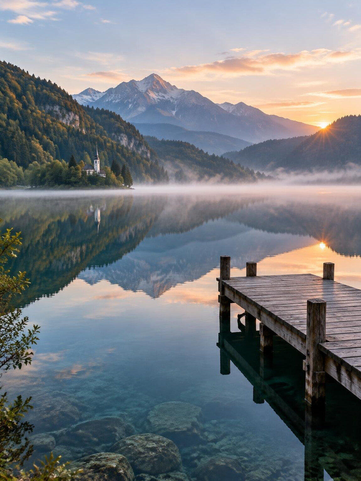 Calm mountain lake with reflection at dawn