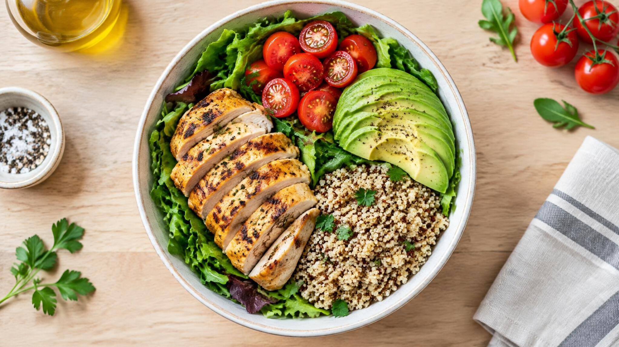Healthy meal bowl with grilled chicken, avocado and vegetables