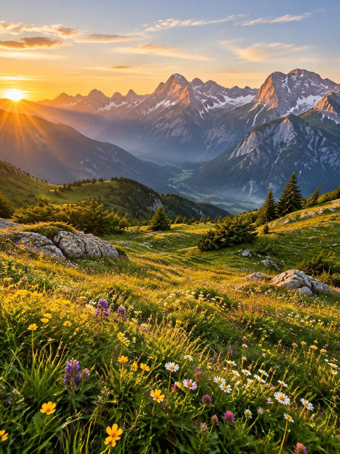 Alpine meadow with mountains in Slovenia at sunrise