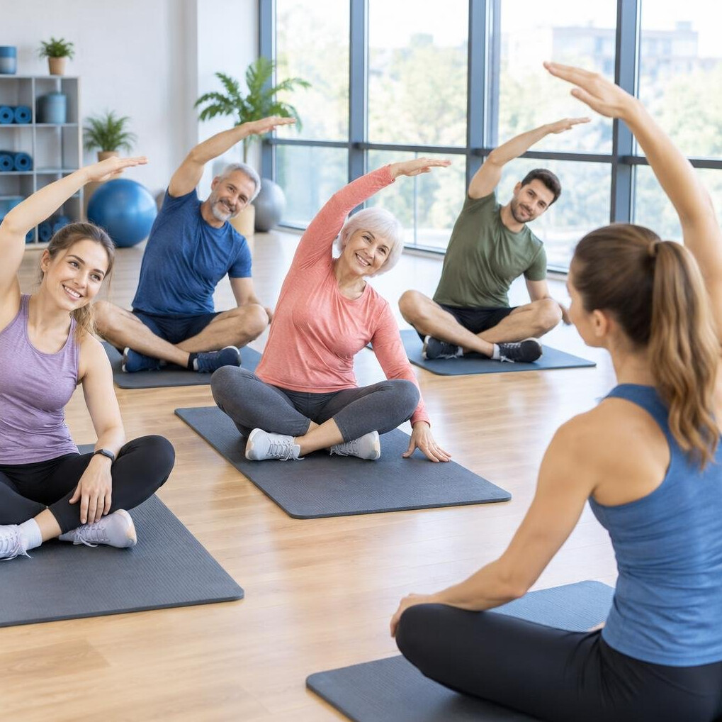 Small group of adults stretching together in a fitness studio
