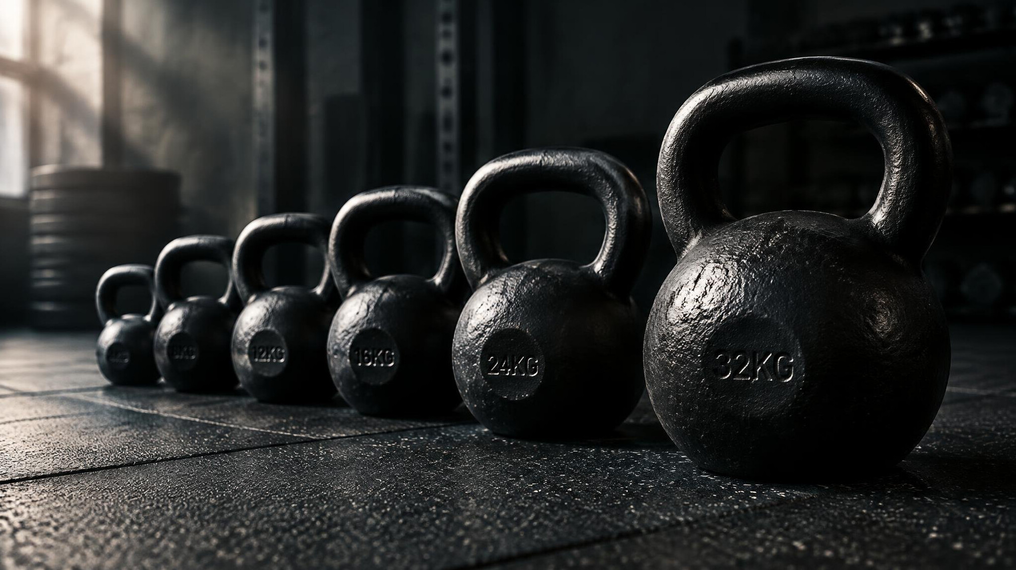Row of black kettlebells on a gym floor