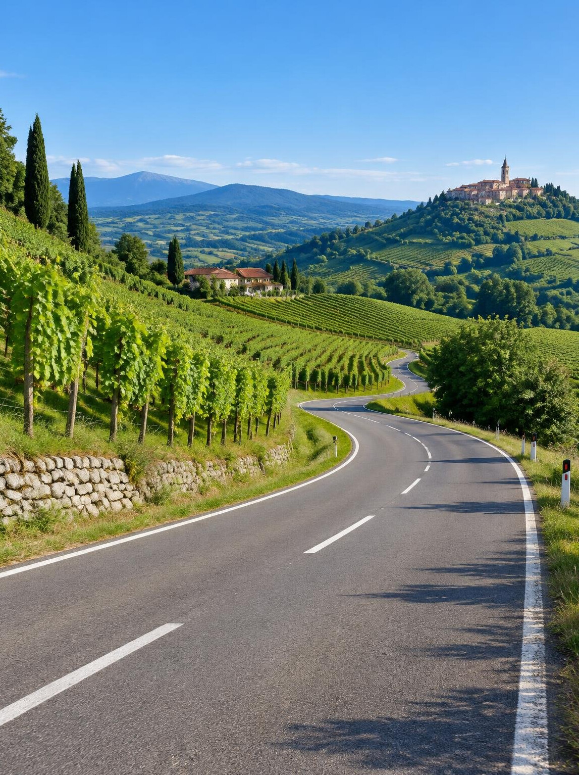 Quiet country road through green hills suitable for cycling